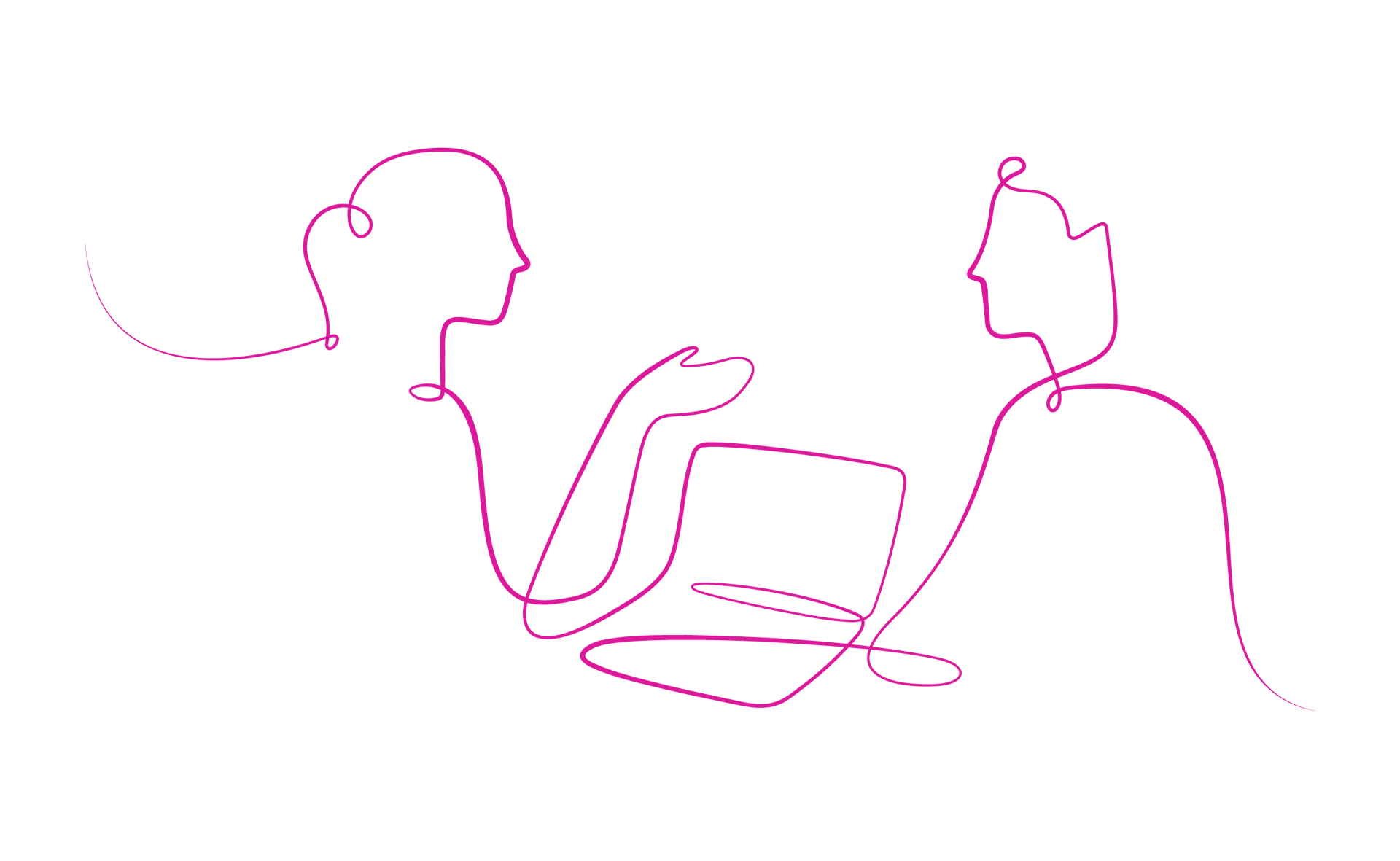 Illustration showing a silhouette of two people, engaged in conversation around a laptop